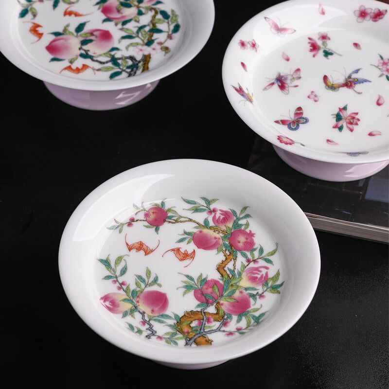 陶瓷高脚茶盘寿桃三多粉颜色釉果盘茶道装饰托盘点心盘茶点甜品盘