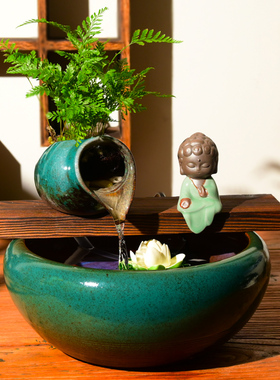 古法养鱼陶罐循环流水器摆件客厅电视柜桌面小鱼缸新中式陶瓷装饰