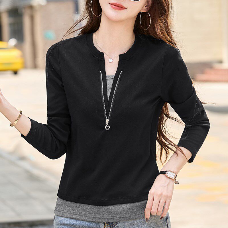 纯棉V领假两件长袖t恤女2024新款早秋撞色内搭打底衫宽松外穿上衣
