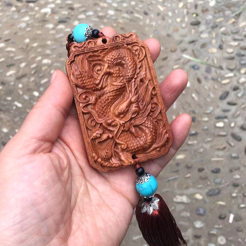 桃木青龙祥龙挂件单龙戏珠生肖龙汽车挂饰红绳木雕龙牌工艺品车挂