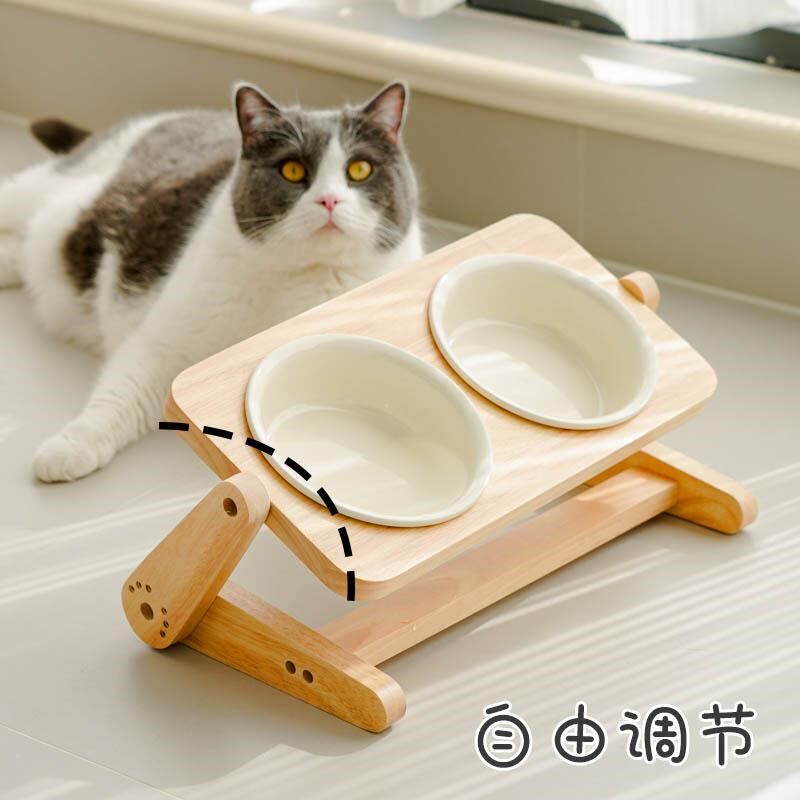 可调节高度斜口陶瓷猫碗带实木碗架增高支架狗碗猫咪碗保护颈椎用