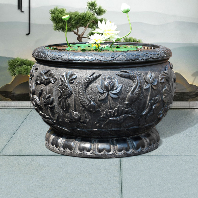 艺树人生石雕荷花鱼缸石头庭院圆形水缸养鱼花盆青石仿古超大石缸