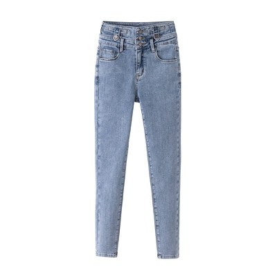 小脚三排扣弹力修身纽扣蓝灰色显瘦超高腰牛仔裤女铅笔九分秋新款