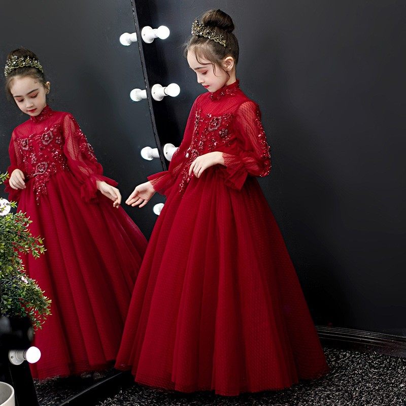 钢琴表演礼服女童蓬蓬公主裙儿童红色连衣裙花童婚纱长裙春秋走秀