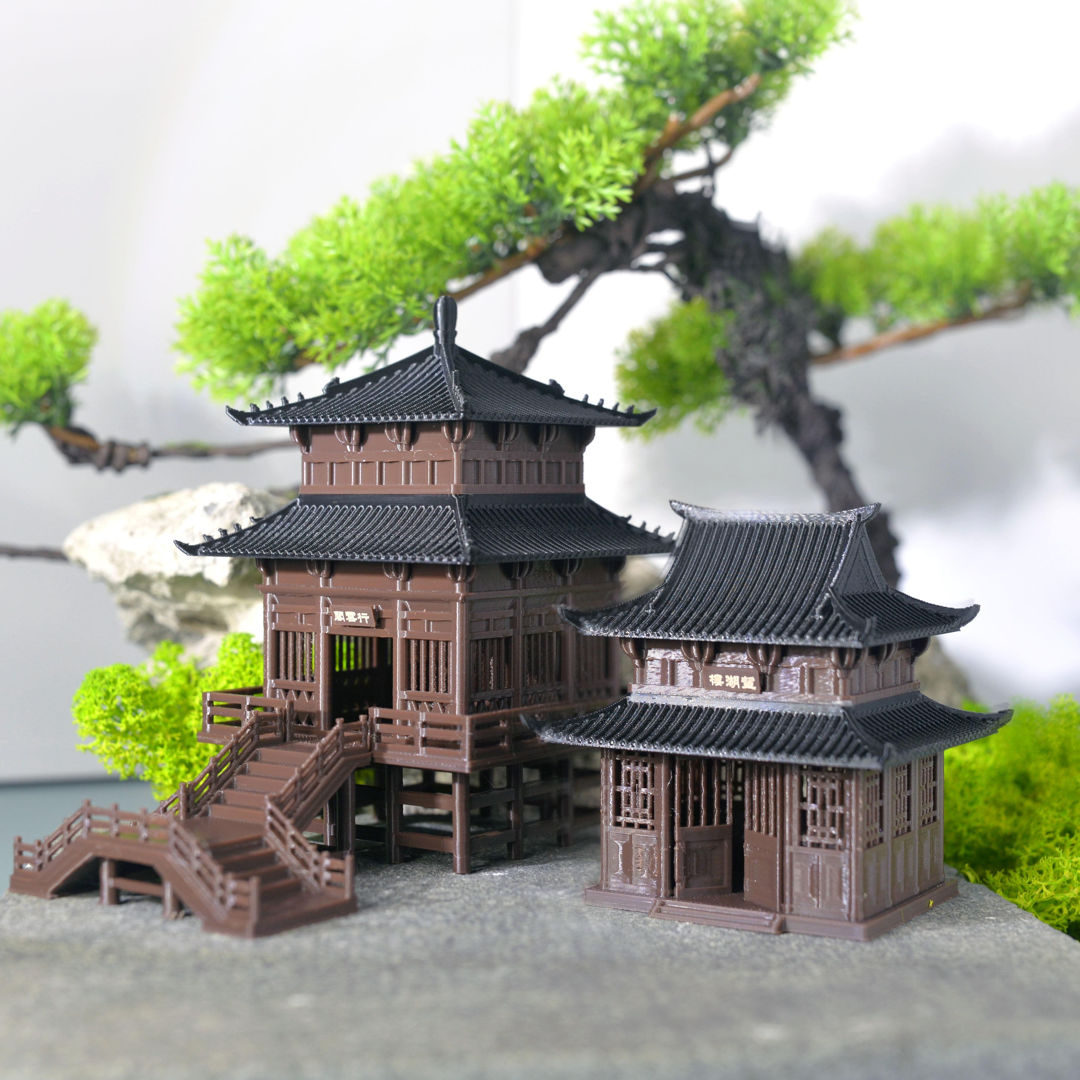 复古建筑模型摆件中式古建微景观假山盆景鱼缸装饰亭台楼阁中国风