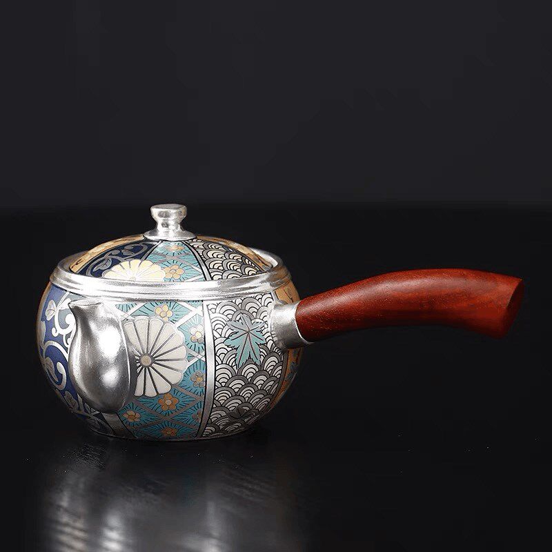 鎏银陶瓷侧把壶功夫茶具高档手绘鎏银泡茶壶瓷家用木把泡壶