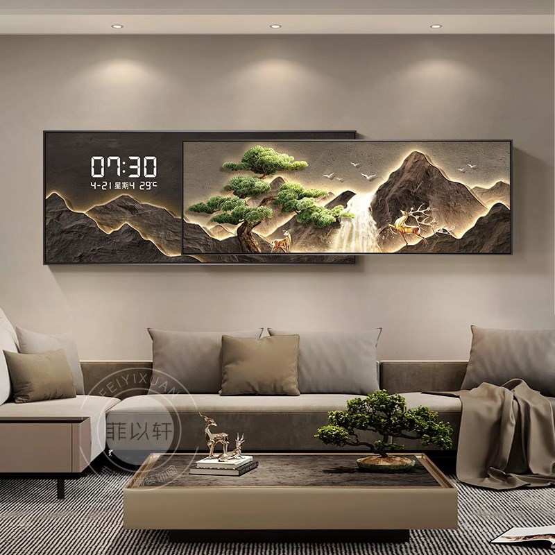 背有靠山客厅装饰画钟表挂钟大气沙发背景墙电子时钟两联叠加挂画