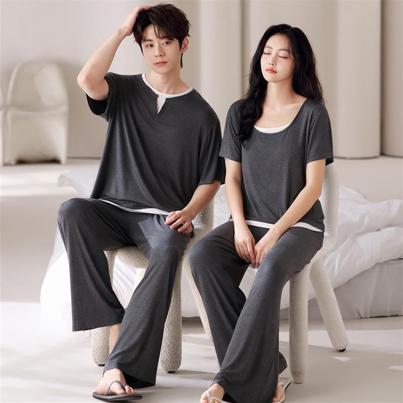 凉感莱赛尔睡衣情侣装一男一女带胸垫夏季短袖长裤薄款家居服套装