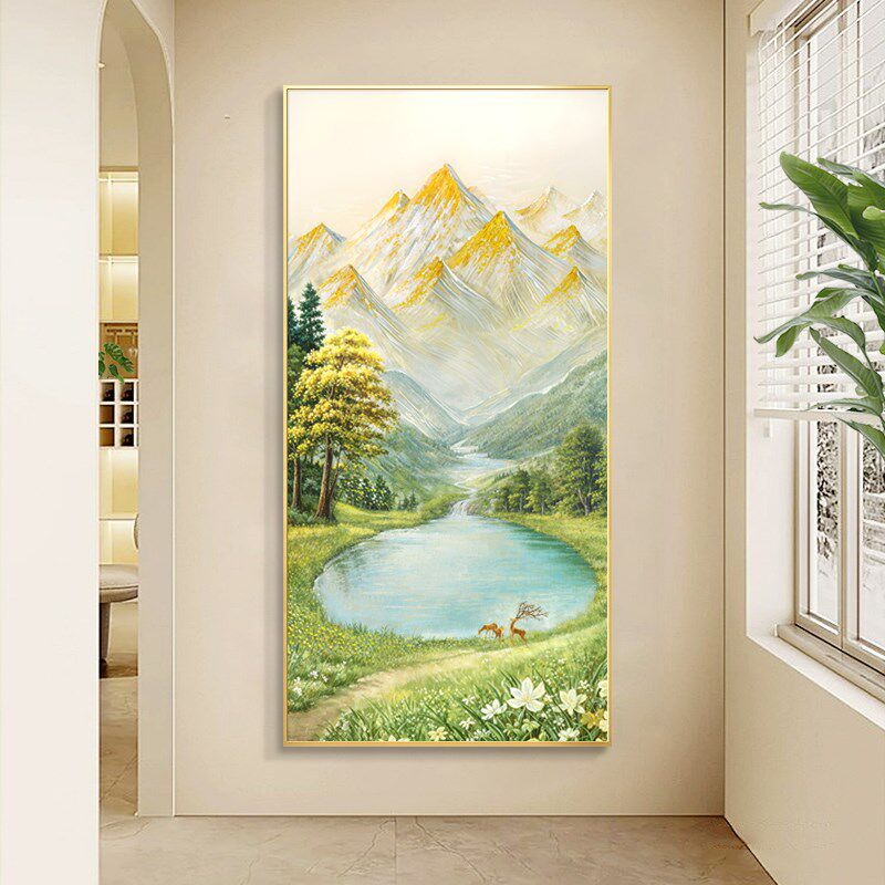 日照金山玄关装饰画入户正对门走廊过道挂画高端手绘油画山水风景