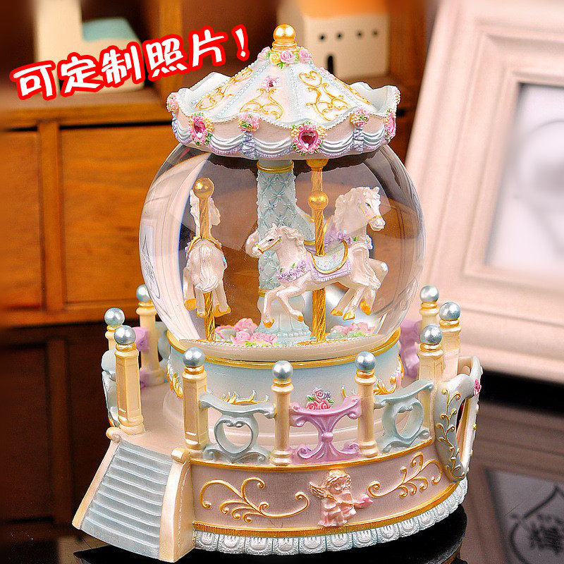 旋转木马水晶球公主音乐盒摆件飘雪八音盒男女生闺蜜儿童生日礼物