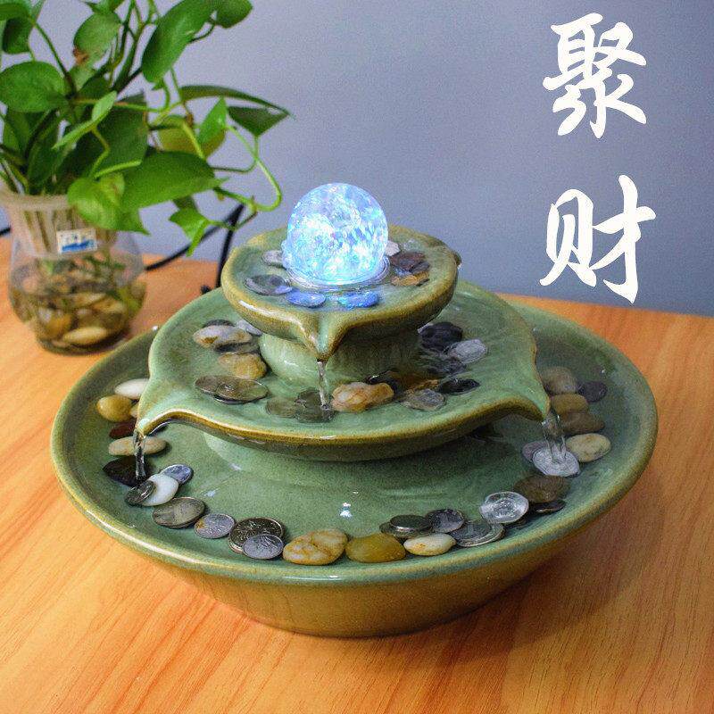 陶瓷聚宝盆摆件 客厅招财水轮 开业送礼摆饰 新中式流水喷泉 办公
