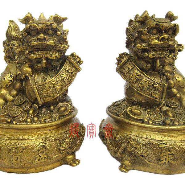 纯铜狮咬剑聚宝盆风水摆件镇宅招财家居饰品礼品