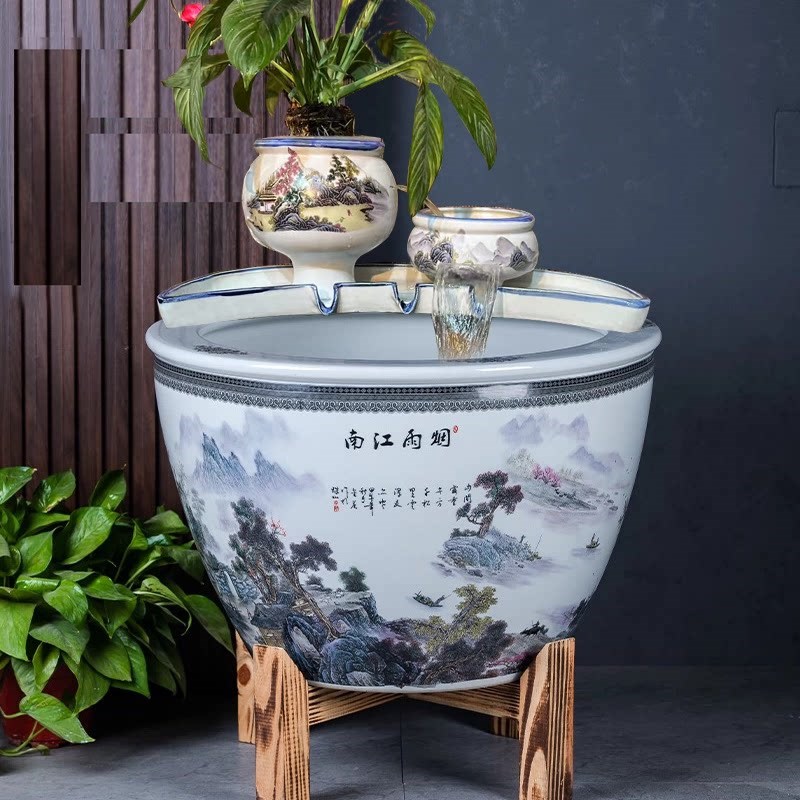 全套陶瓷流水摆件青花瓷瀑布罐庭院鱼缸造景自循环增氧流水过滤