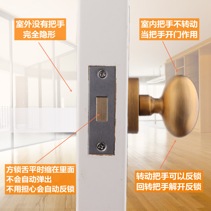 依佰利美式金色隐形门锁室内暗门锁欧式仿古单面锁黑色球形门把手