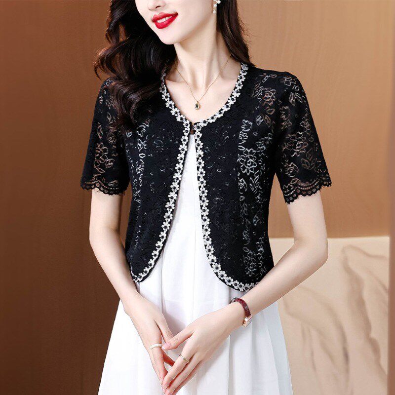 蕾丝小外搭配旗袍吊带裙子披肩女夏季短袖防晒衣开衫短外套薄上衣