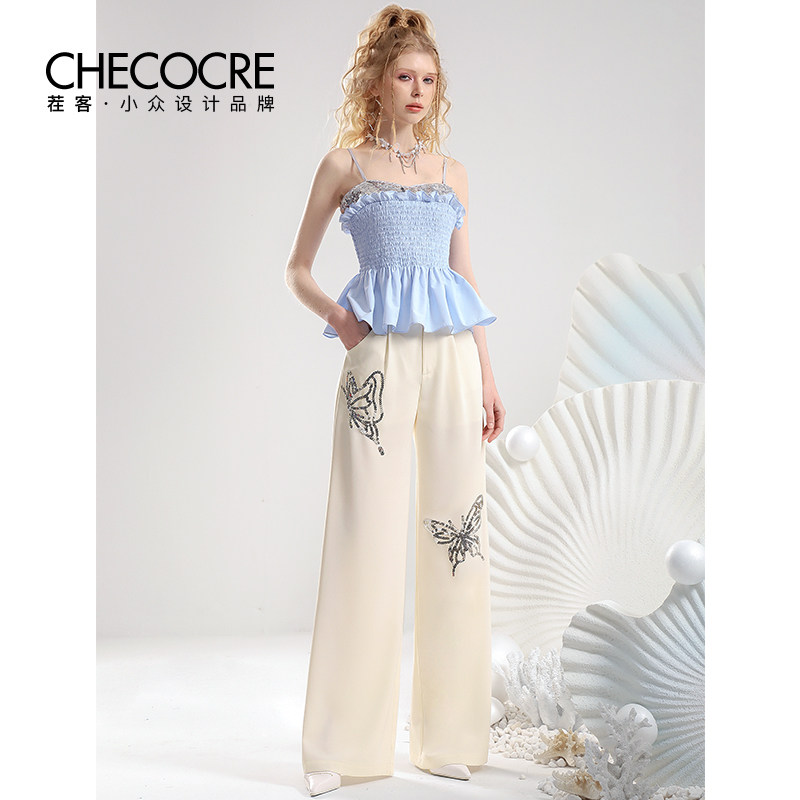 茬客浪漫温柔气质套装25年夏季抽褶吊带上衣白色亮片蝴蝶阔腿裤女