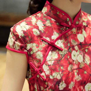 改良真丝旗袍夏季2023新款年轻款女短款修身性感日常复古红色短裙