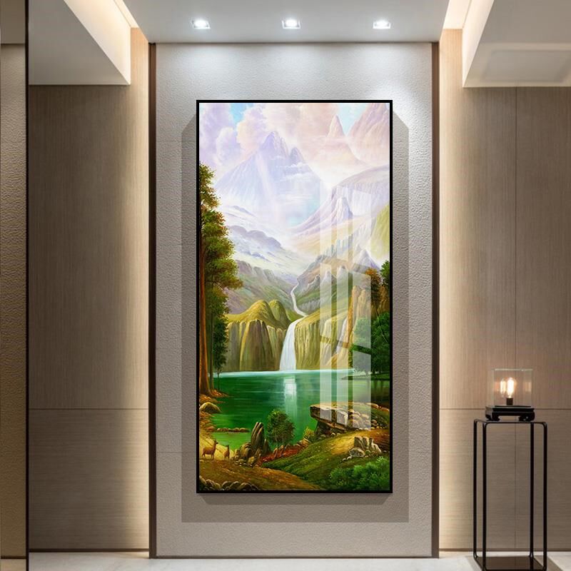 镇宅山水画玄关装饰画竖版入户走廊招财过道客厅新中式办公室挂画