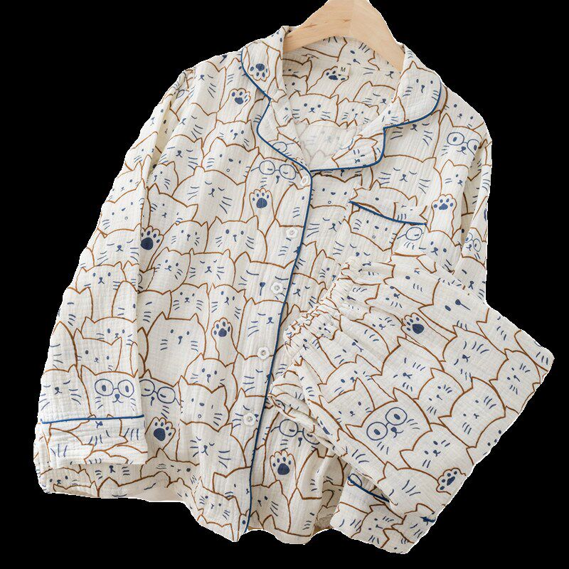 喵了个咪可爱睡衣春秋女款2024新款夏季薄款纯棉纱布夏天长袖