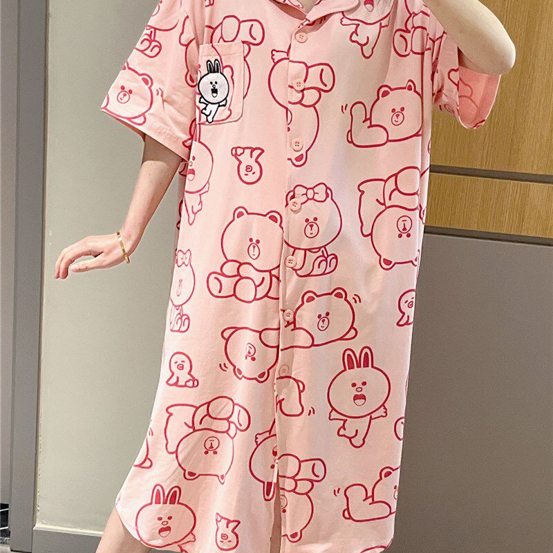 短袖过膝长款睡裙女夏天薄款针织棉开衫睡衣大码胖mm200斤家居服