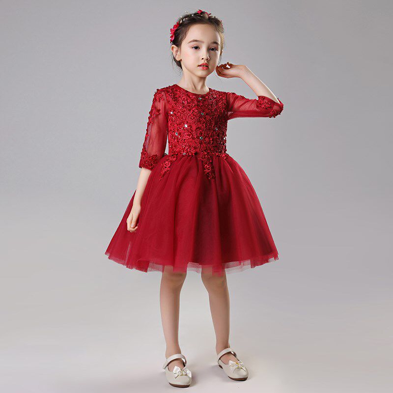 儿童晚礼服公主裙蓬蓬纱女童婚纱花童礼裙钢琴演出服长袖酒红秋冬