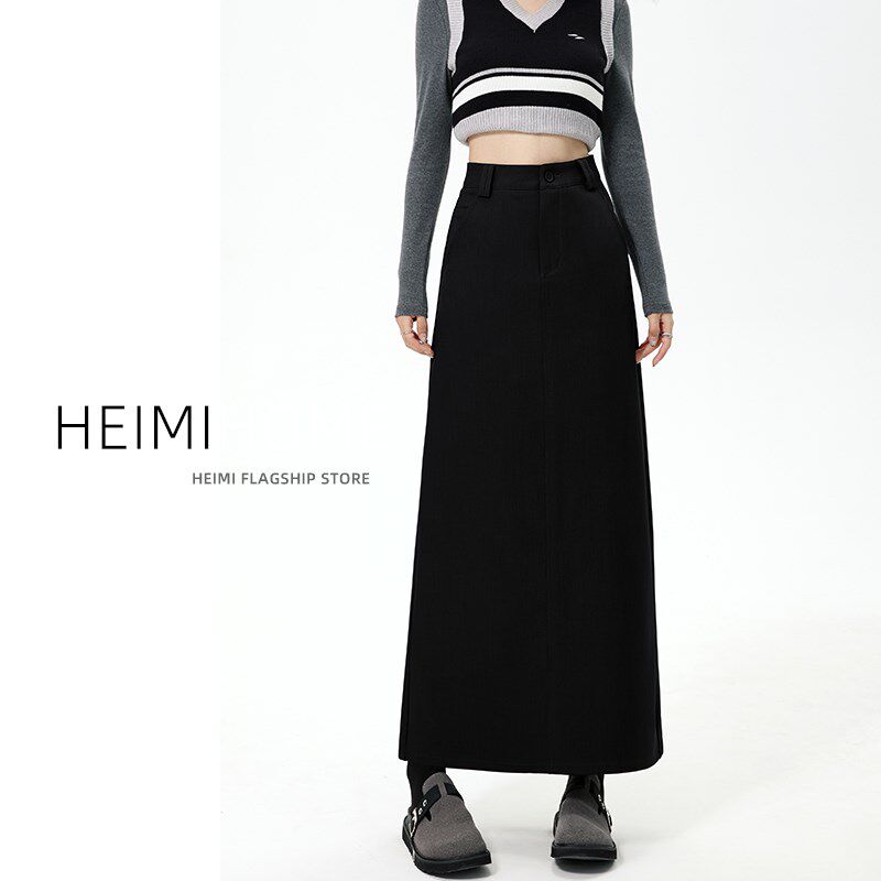 灰色后开叉长裙子女春秋季中长款高级a字半身裙气质西装直筒裙潮