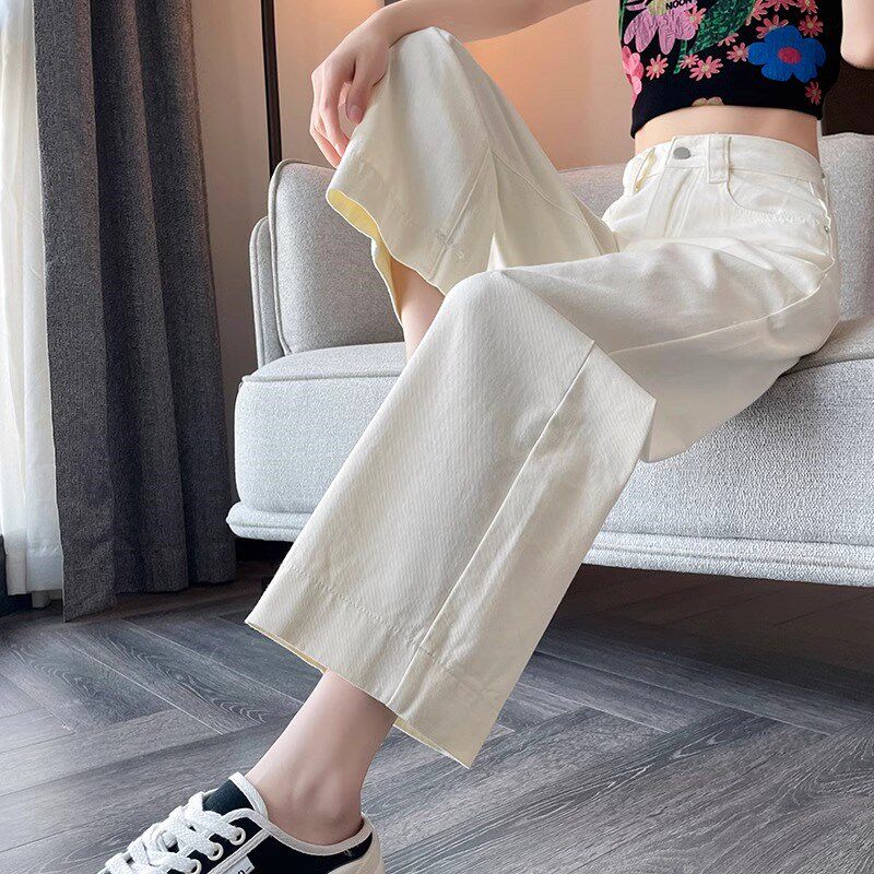 卡其色牛仔阔腿裤女九分2024秋新款遮腿小个子八分高腰窄版直筒裤