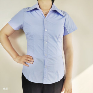 短袖 衬衫 商务女夏胖mm收腰显瘦宽松条纹暗扣防走光工服 职业装 大码