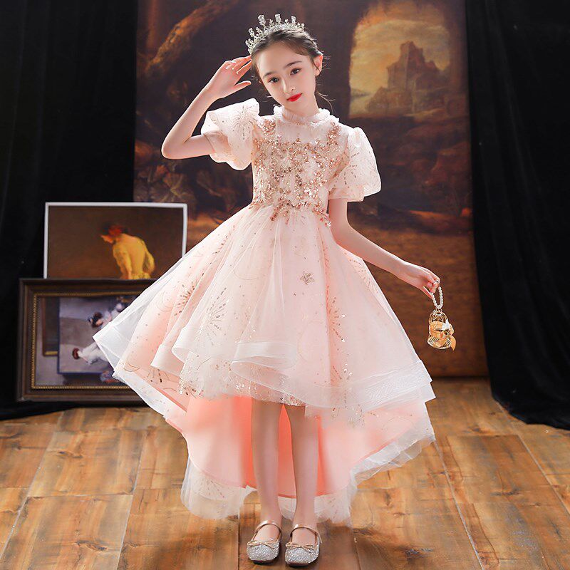 女童礼服前短后长粉色高端儿童生日公主裙花童小主持人钢琴演奏服