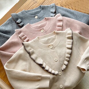 儿童德钻绒针织开衫 女童花边领毛衣外套 中大童上衣 春款 童装