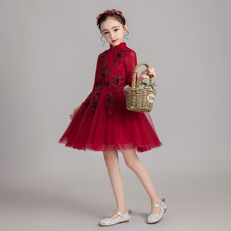 女童礼服儿童公主裙长袖小花童婚纱主持人表演服洋气钢琴演出服装