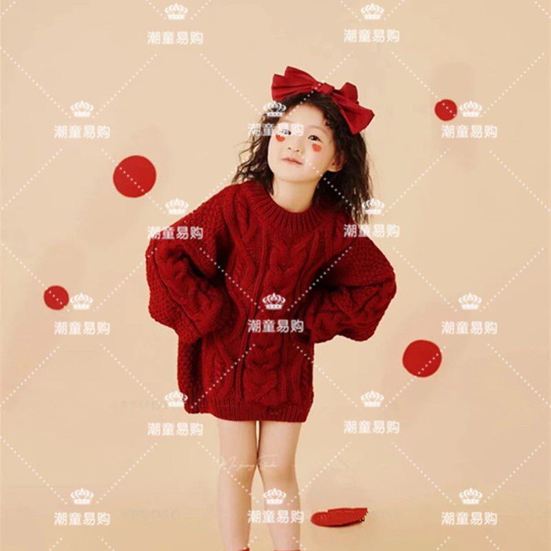 女童圣诞主题儿童摄影潮童模卡走秀过年红色毛衣喜庆个性演出服装