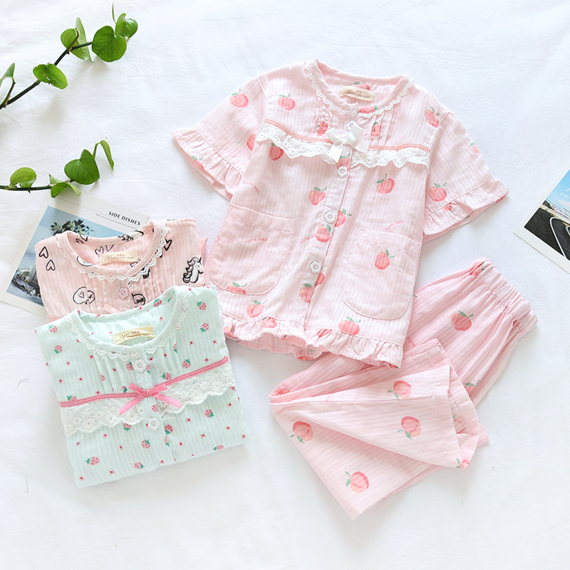 米筱米纯棉纱布薄短袖长裤春夏女孩女童亲子空调家居服睡衣套装女