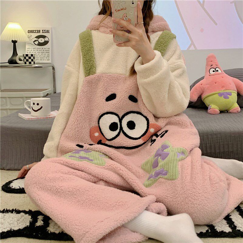 珊瑚绒连体睡衣秋冬季女款加厚法兰绒2022年新款卡通派大星居家服