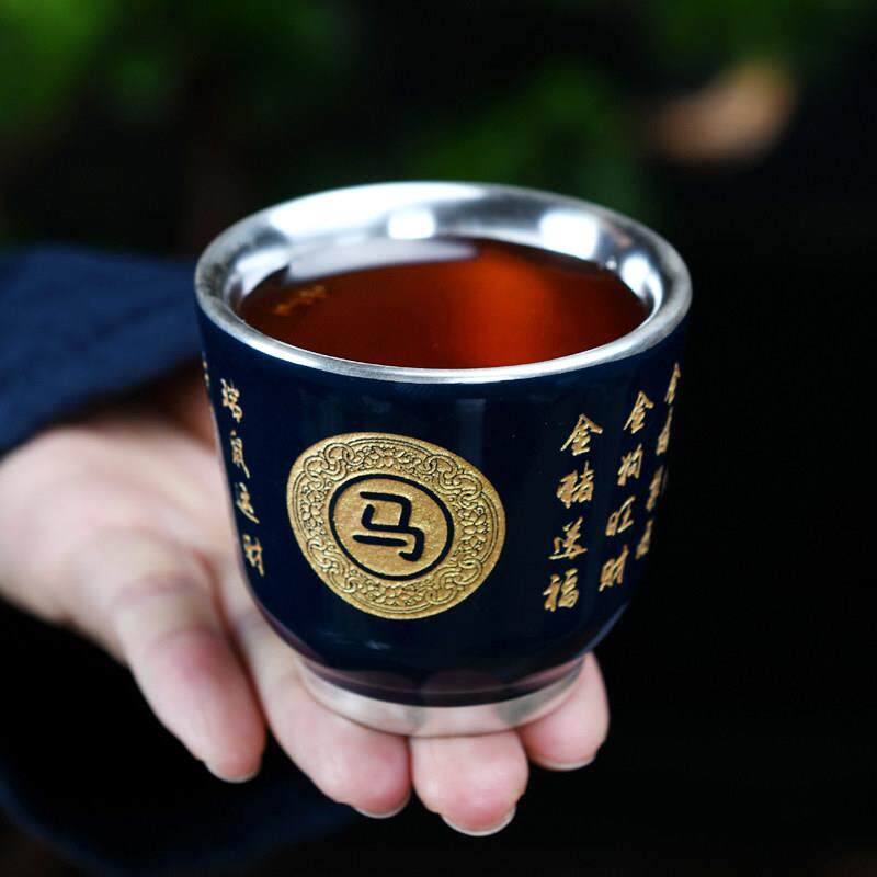 主人杯单杯子十二生肖纯银茶杯陶瓷品茗杯镶银茶盏功夫茶碗鎏银杯