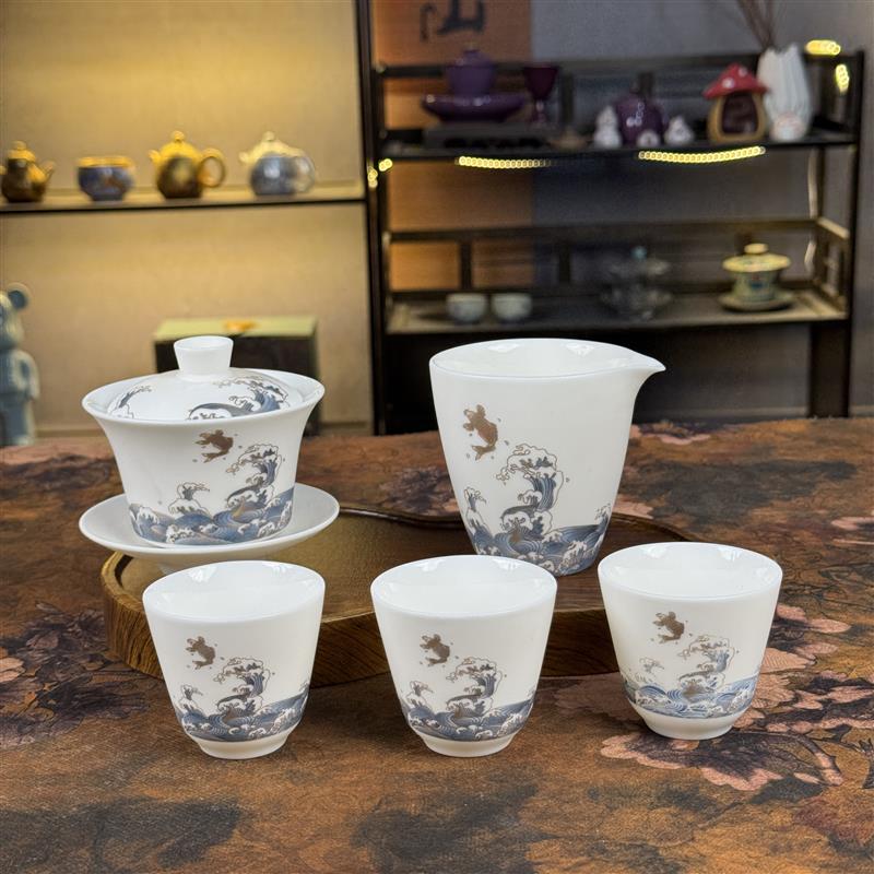 鱼跃龙门羊脂玉白瓷素烧三盖碗陶瓷功夫茶具套装家用泡茶盖碗茶杯