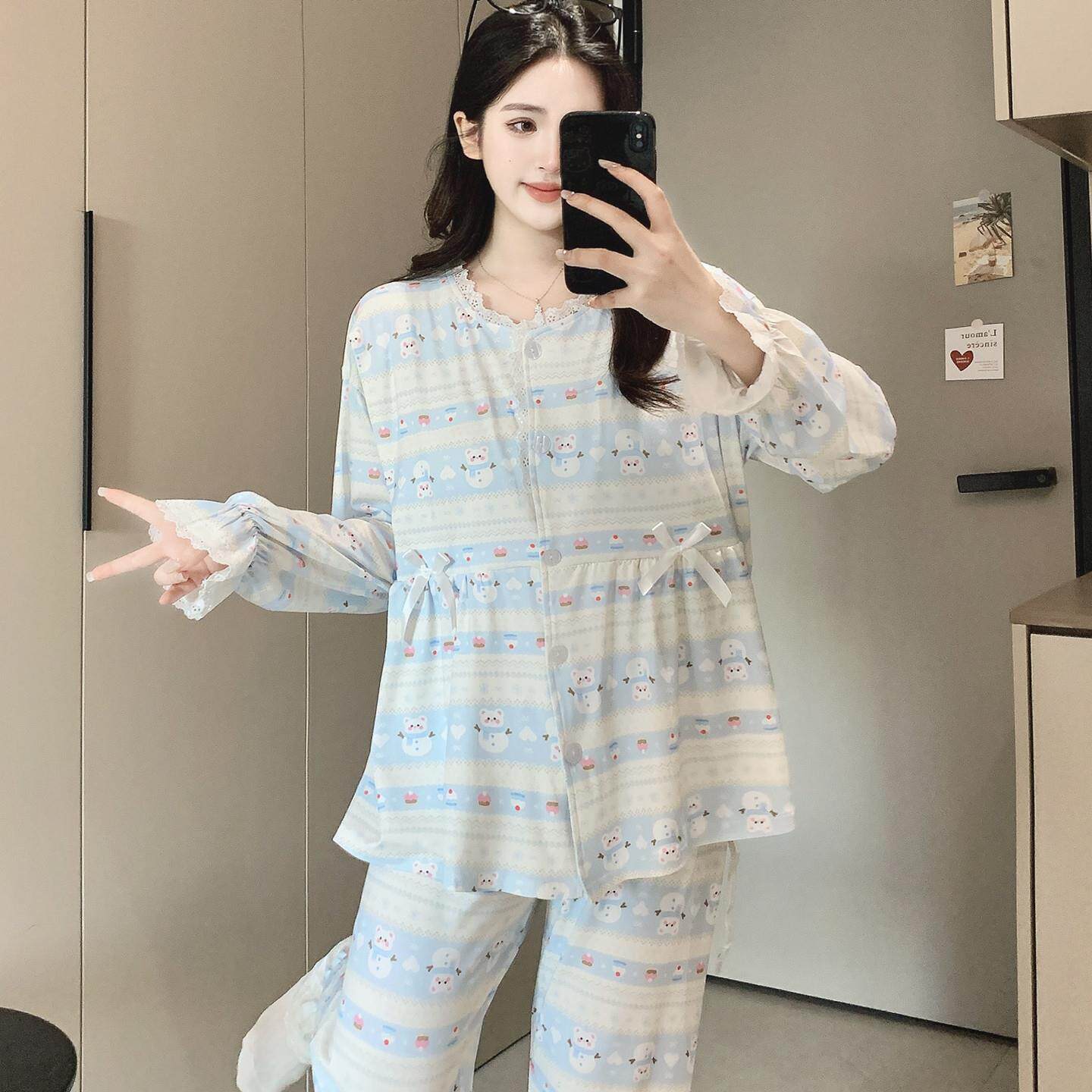 自带胸垫月子服夏季薄款长袖收口孕妇哺乳睡衣春秋家居服哺乳套装
