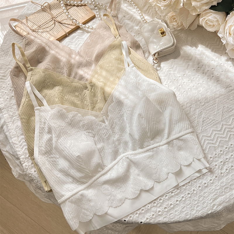 春夏季蕾丝小吊带女乳胶固定水晶杯大胸显小超薄文胸美背抹胸内衣