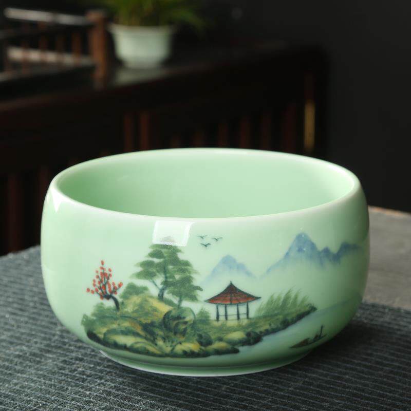 手绘青瓷大号茶洗带盖高款陶瓷茶渣缸水洗茶杯盆荷花缸水盂笔洗碗