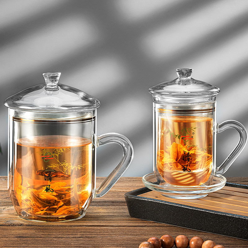 诺亚口杯双层玻璃盖杯带把家用水杯办公室泡茶花茶杯大容量茶具杯