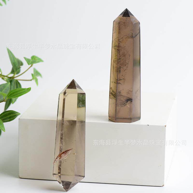 天然茶水晶单双尖水晶柱子六棱柱原石原矿打磨办公桌面居家摆件