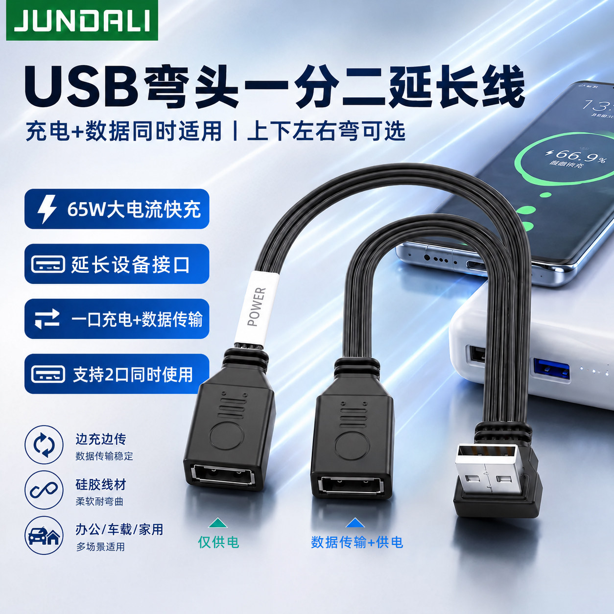 USB弯头一分二65W快充延长线图片