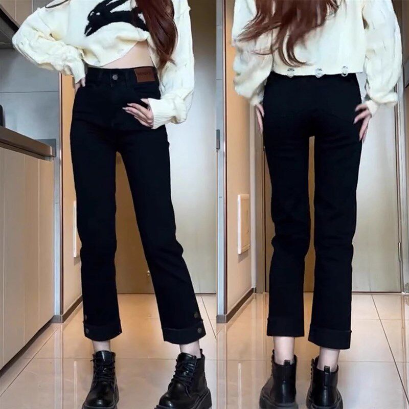 秋冬新款弹力九分直筒牛仔裤女大码胖mm加绒显瘦高腰休闲烟管裤子