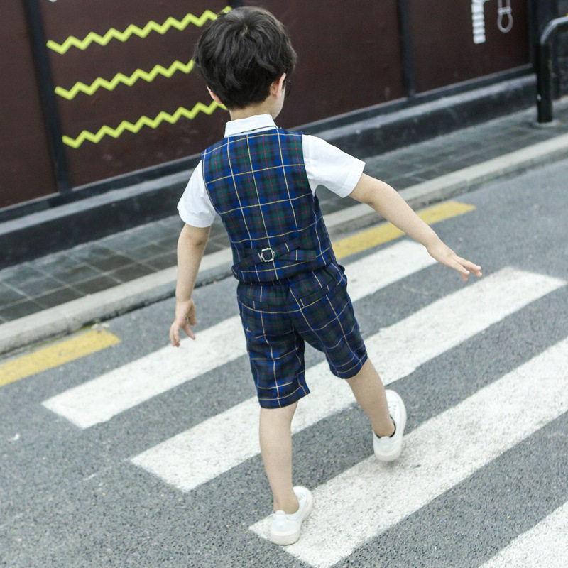 男童2020新款夏季短袖花童礼服中小童英伦风格子马甲西装三件套装