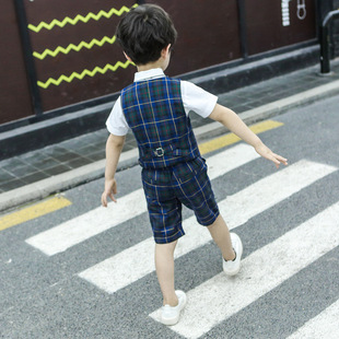 男童2020新款夏季短袖花童礼服中小童英伦风格子马甲西装三件套装
