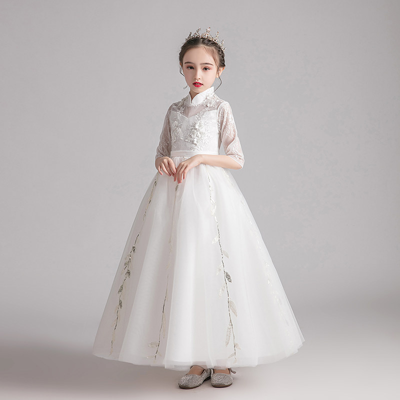 小花童礼服女童公主裙白色高端主持人长袖儿童钢琴演出服表演长版