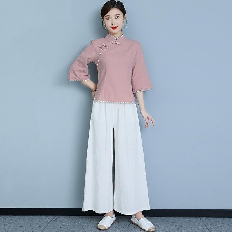 春夏季汉服禅意女装改良旗袍唐装女中袖上衣中国风复古盘扣茶艺服