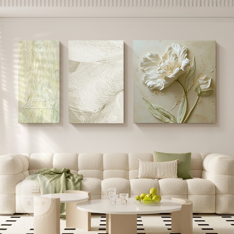奶油风客厅装饰画肌理花卉沙发背景墙挂画法式艺术三联砂岩壁画