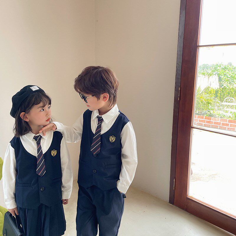 儿童装学院风假两件长袖衬衫套装春季男女童JK制服时髦礼服百褶裙