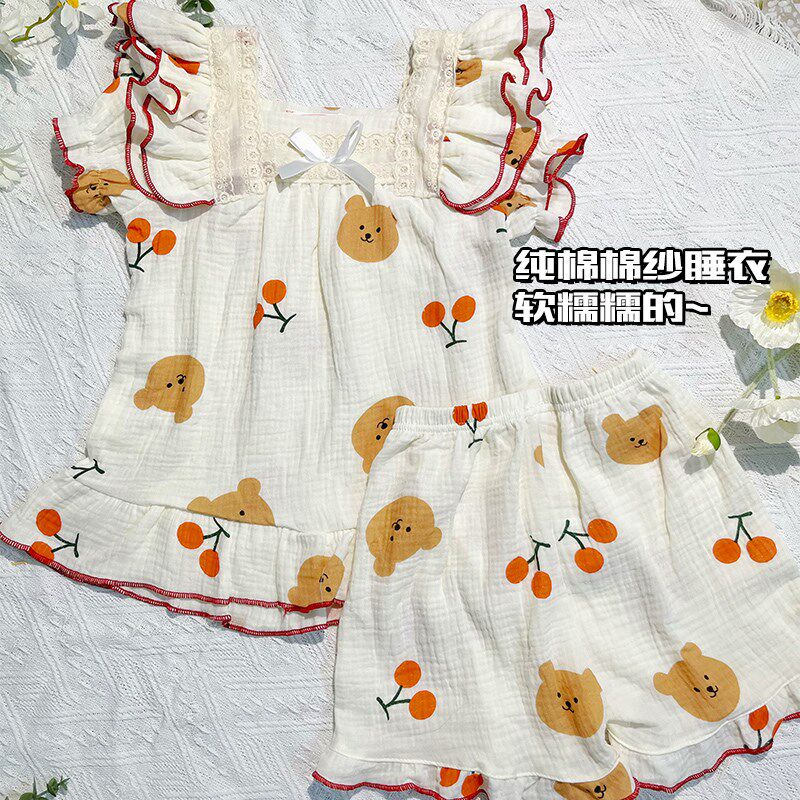 棉纱儿童睡衣2024新款夏季短袖女童纯棉薄款亲子女孩公主风家居服